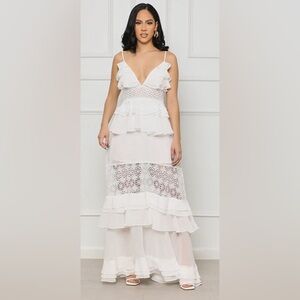 White maxi dress, ruffled, tiered.